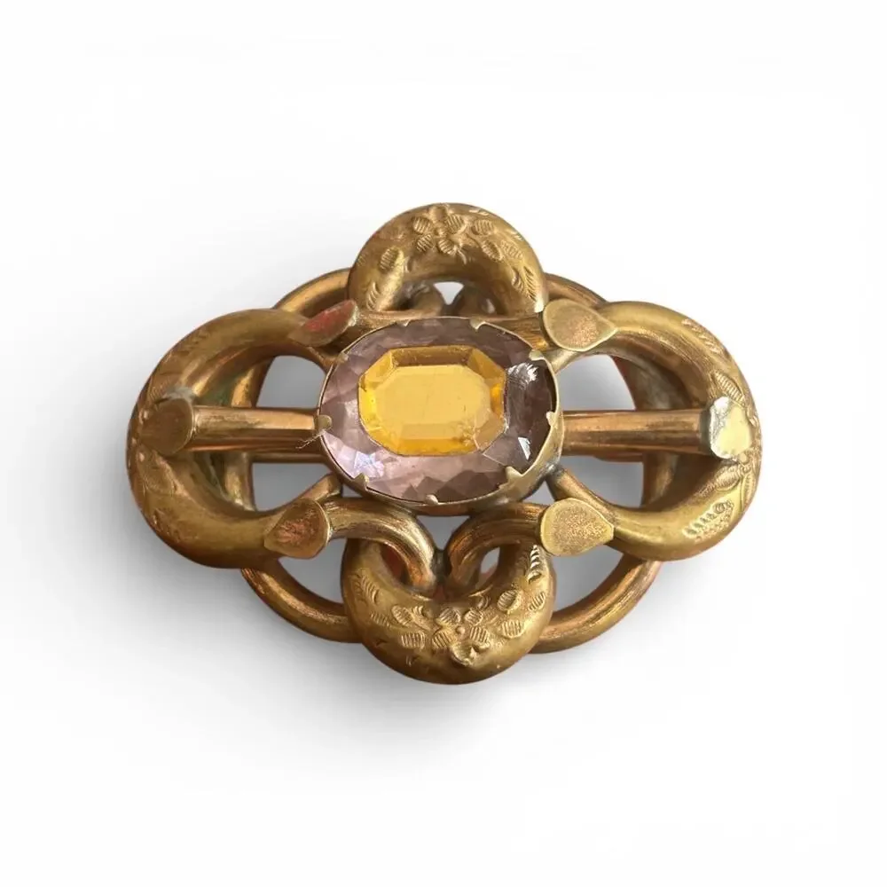 Victorian Gold Filled Lover's Knot Brooch, Faceted Paste Glass Center